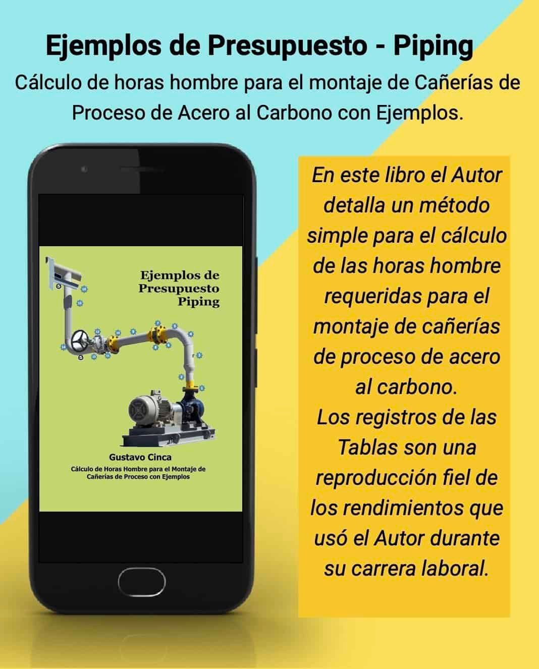 The figure displays a booklet with the cover and a brief description of the book: Ejemplos de Presupuesto - Piping. Gustavo Cinca Books.