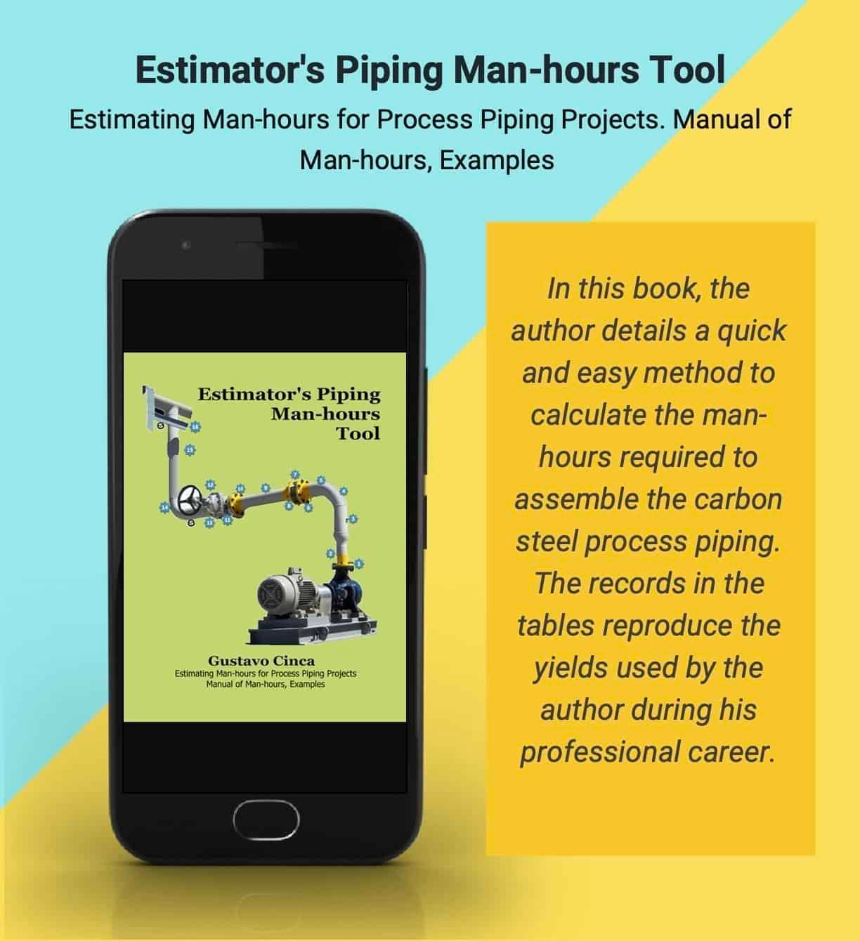 The figure displays a booklet with the cover and a brief description of the book: Estimator's Piping Man-hours Tool. Gustavo Cinca Books
