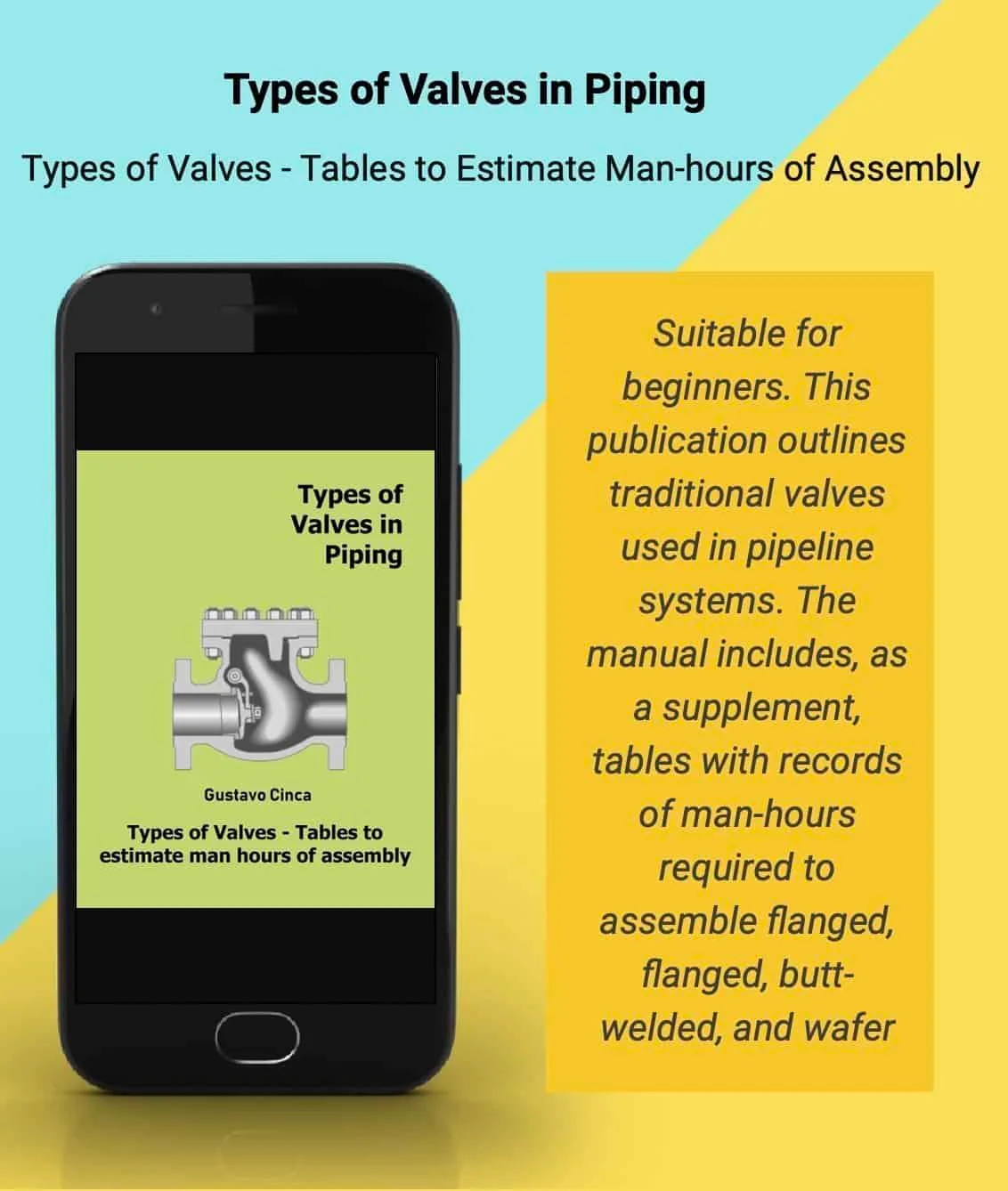 The figure displays a booklet with the cover and a brief description of the book: Types of Valves in Piping